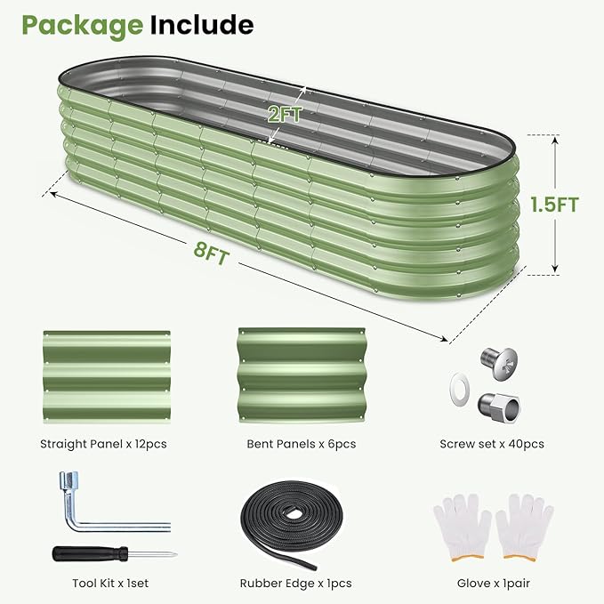 Oval 8x2x1.5 FT Galvanized Raised Garden Bed Kit, 31 in 1 Large Metal Planter Box for Outdoor Gardening, 18โ Garden Bed for Vegetables Flower Herb(Sage Green)