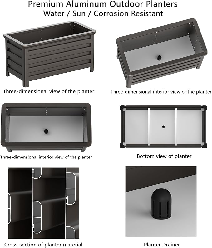 Aluminum Rectangular Outdoor Planter 39.36" Long Box Planter for Patio Porch Indoor Outdoor Weather-Resistant Large Planters with Drainage Hole for Flowers, Dark Brown, 19.68"D x 39.36"W x 19.68"H