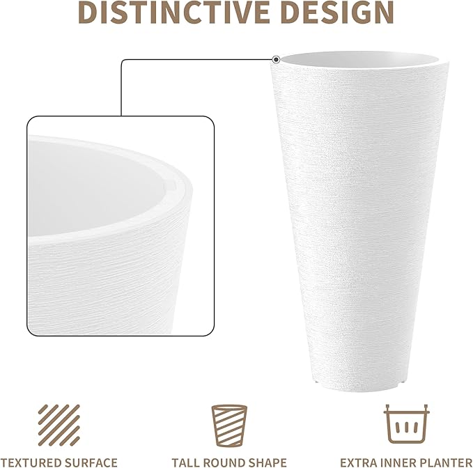 Kante Tall Round Planter Set of 2, 18 Inch Tall Decorative Planter Pots for Outdoor Indoor Garden Patio Front Porch (White)