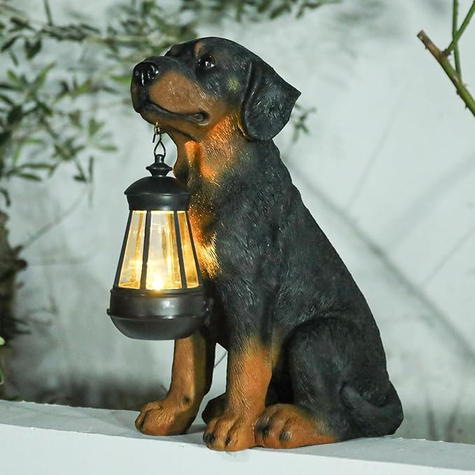 Garden Dog Statues Outdoor Decor, 13" Solar Powered LED Lights Outdoor Statue Garden Decorations Rottweiler Figurine for Patio, Lawn, Yard Art Decoration, Housewarming Garden Gift
