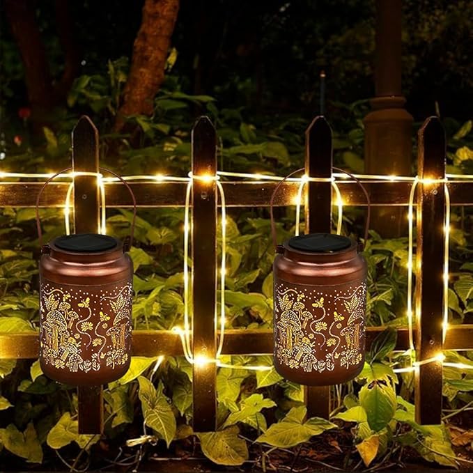 Mushroom Solar Lanterns Outdoor Waterproof Hanging Solar Lights Gifts for Women Mom Metal LED Decorative Lantern for Yard Patio Pathway,Porch,Landscape,Lawn Garden Decor for Outside