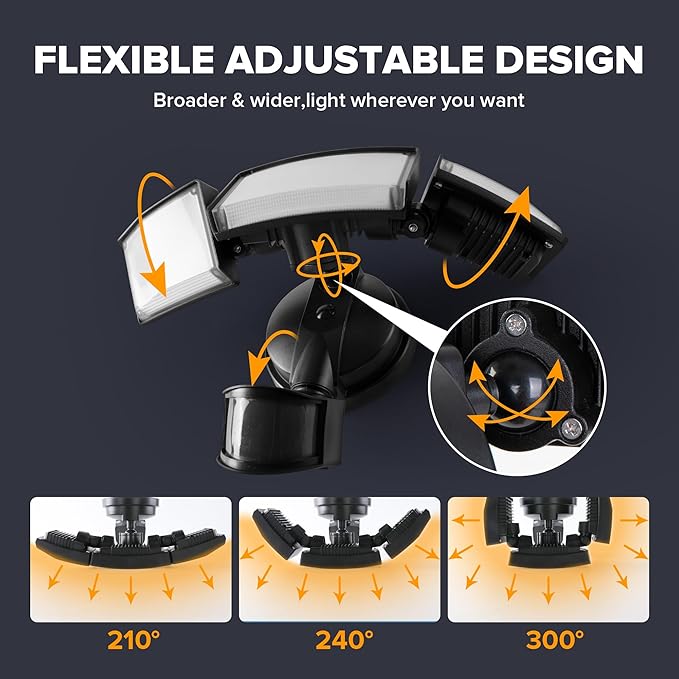 UME 49W LED Security Lights Motion Sensor Light Outdoor, 5000K Daylight, IP65 Waterproof, Dusk to Dawn, 3 Head Motion Detected Flood Light for Garage, Yard, Porch (Black)