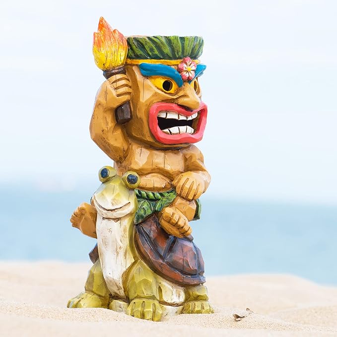 Solar Tiki Statue Light-Garden Turtles Outdoor Decor - Tiki Man Riding Turtle with Tiki Torch Solar Light for Tiki Bar Decorations, Patio, Balcony, Yard,Lawn,Gifts