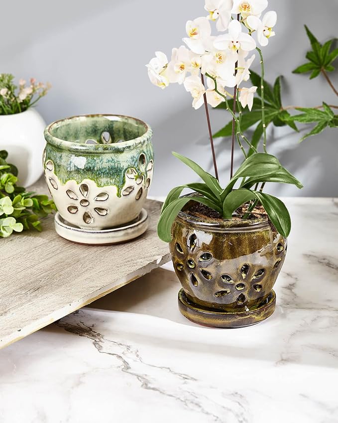 Vensovo 4 Inch Ceramic Orchid Pots with Holes and Saucers - 2 Pcs Small Succulent Pot for Repotting, Garden Flowerpots for Plants Indoor and Outdoor Promotes Air Circulation (Olive Green, Green Mixed)