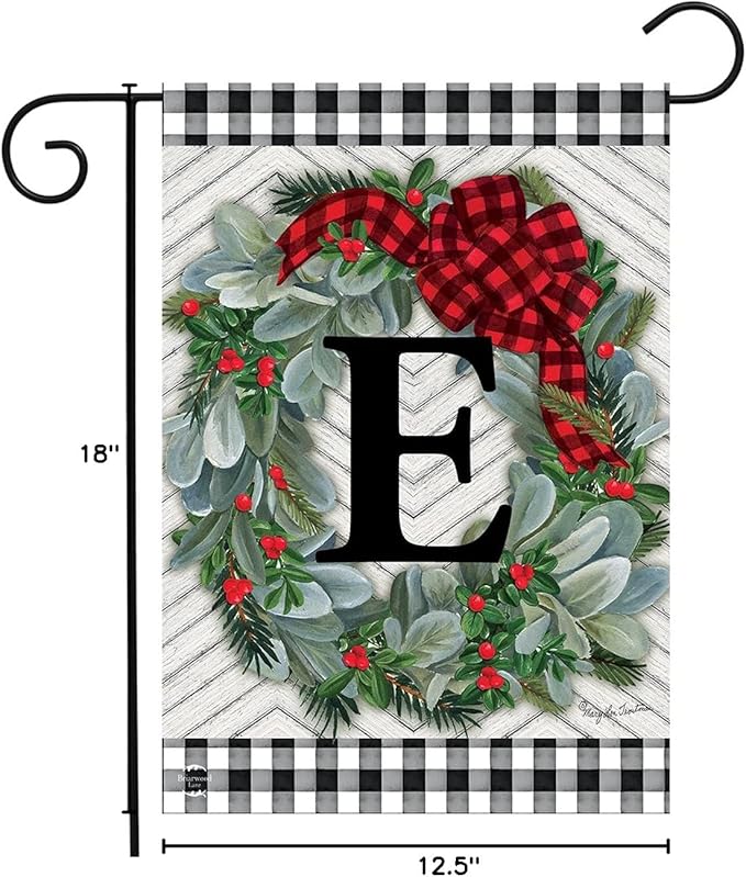 Winter Wreath Monogram Letter E Garden Flag 18" x 12.5" Briarwood Lane