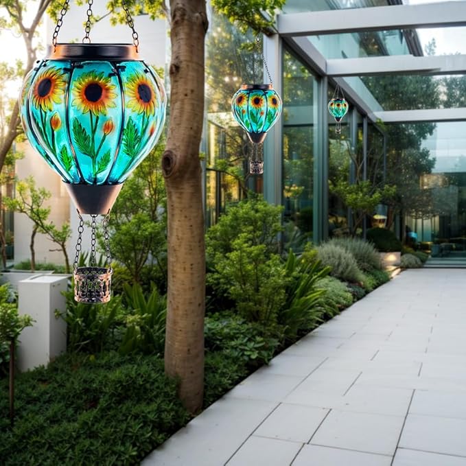 Starsoul 2 PC Sunflowers Hot Air Balloon Solar Lantern with Flame Glass Hanging Outdoor Hot Air Balloon Solar Light Waterproof Garden Patio Yard Party Decorations