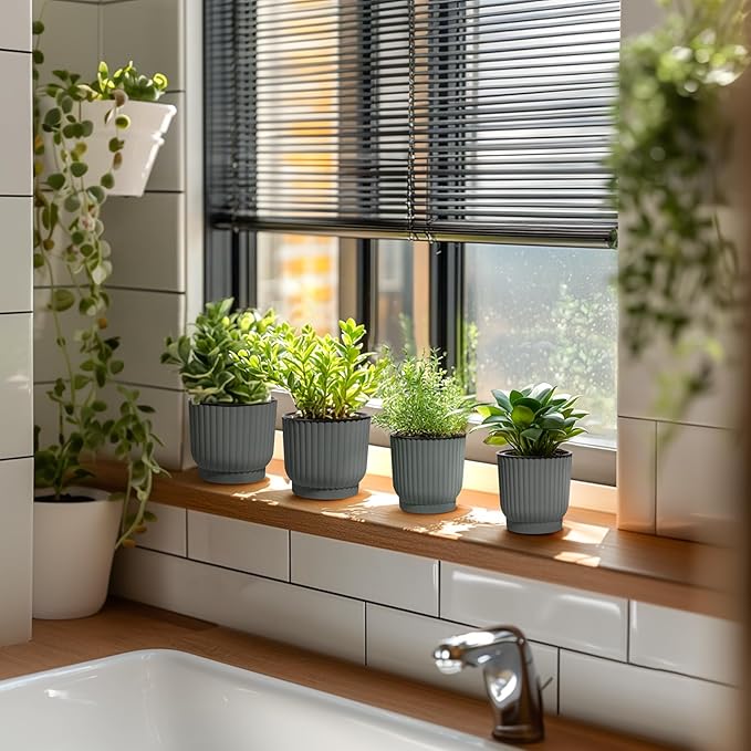 T4U 4.5 Inch Self Watering Pots for Indoor Plants, 6 Pack Gray Plastic Flower Pots for All House Plants, Flowers, African Violets