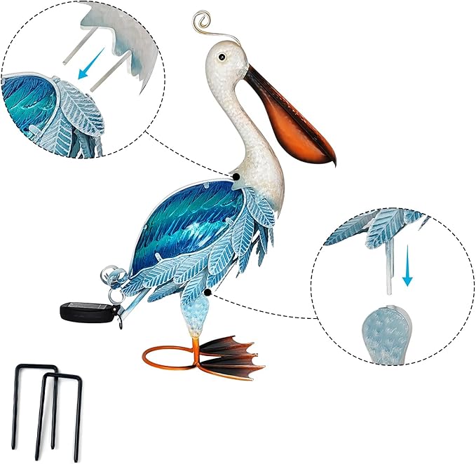 HONGLAND Solar Metal Pelican Statues Garden Sculpture & Statues, 19 Inch Glass Outdoor Pelican Yard Art Coastal Ocean Bird Decor Lawn Ornament for Backyard Porch Patio Decorļ¼Blueļ¼