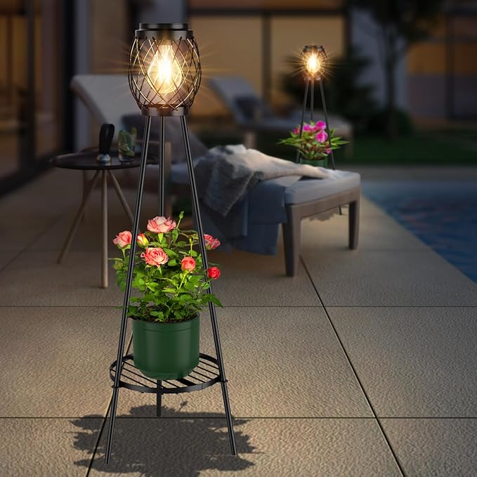 Solar Floor Lamp with Plant Stands,Solar Lights Outdoor with Vintage LED Edison Bulbs, Weatherproof Garden Lights for Pathway, Patio, Yard, 8-10 Hours Lighting, IP55 Waterproof