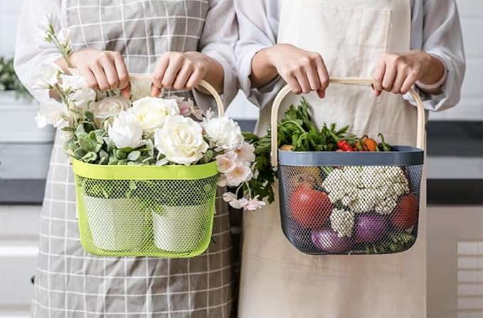 Metal Mesh Steel Basket, Storage Organizer Basket Multi-functional Hanging Kitchen Baskets Fruit Basket with Wooden Handle for Kitchen Bathroom Picnic Shopping Decor Cabinet Home, Grey