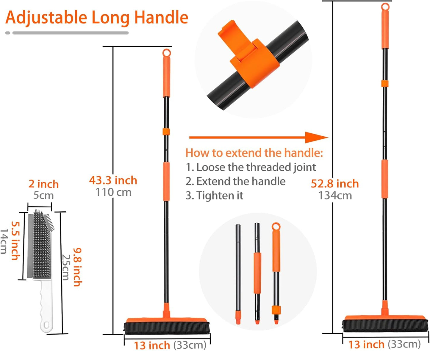 JEHONN Rubber Broom Carpet Rake for Pet Hair Remover, Fur Removal with Squeegee, Portable Detailing Brush Brush, 52.8 Inches Telescopic Long Handle for Fluff Carpet