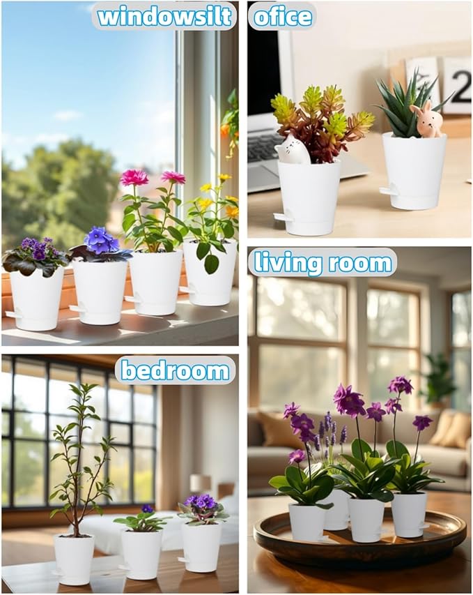 12 Pack 4 Inch Self Watering Plant Pots with Drainage and Saucers,Plastic Flower Pots for Indoor and Outdoor Plants, Nursery Planters for Houseplants and Herbs White, 4 inch 12pcs