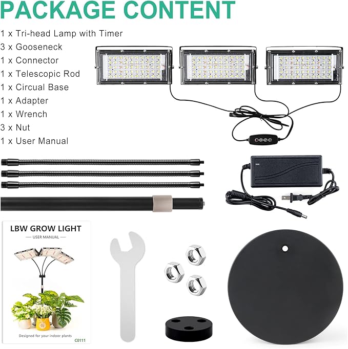 LBW Plant Grow Light, Full Spectrum Tri-Head Desk Plant Light for Indoor Plants, Growing Lamp with 3H/6H/12H Timer, 6-Level Brightness, 3 Lighting Modes, Height Adjustable, Ideal for Indoor Growth