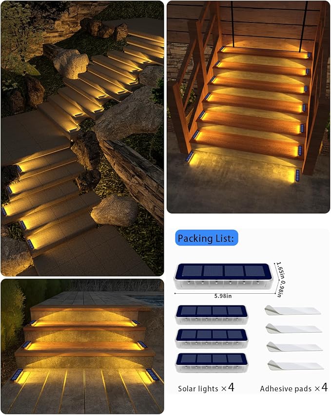 Solar Step Lights for Outside,4 Pack Solar Stair Lights Outdoor Waterproof,Warm White Deck Light Solar Powered Waterproof for Steps,Stairs,Walkway,Sidewalk,Patio,Pathway