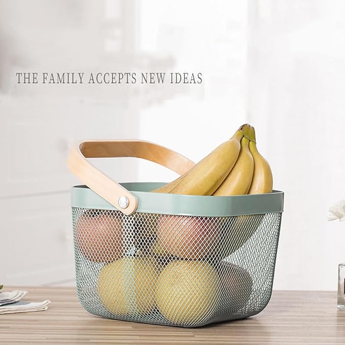 Metal Mesh Steel Basket, Storage Organizer Basket Multi-functional Hanging Kitchen Basket Fruit Basket Bin with Bamboo Handle, 9.84 x 10.2 x 7 inch, Mint Green