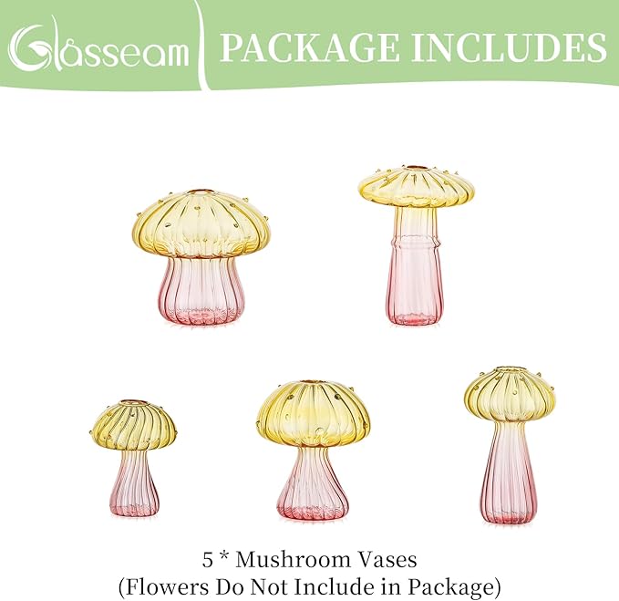Glasseam Mushroom Plant Propagation Stations: Colored Glass Terrarium Jar Set of 5 Cute Planters for Indoor Plants Mini Propagate Station Unique Christmas Birthday Gifts for Women Home Office Decor