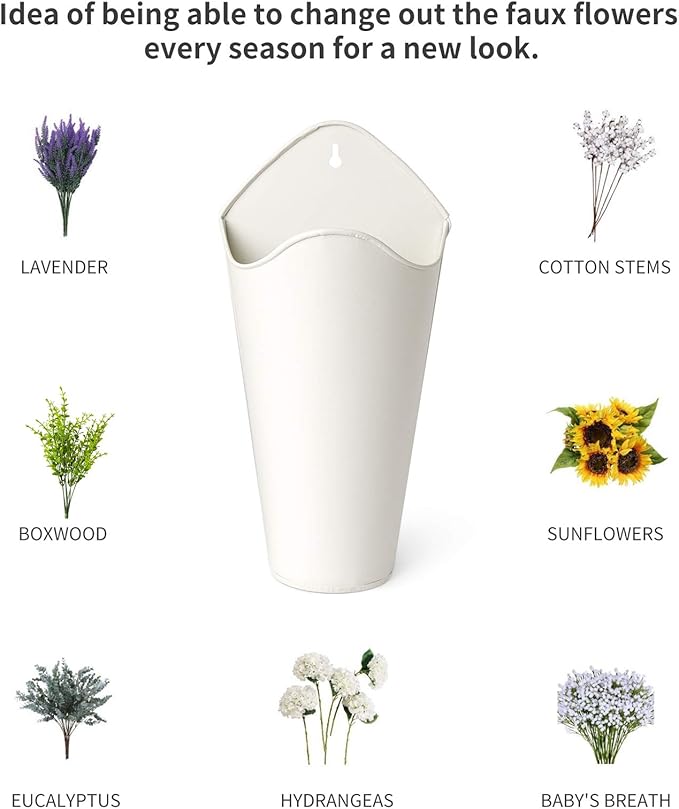 Dahey 2 Pack Galvanized Metal Wall Planter with Artificial Eucalyptus Farmhouse Style Hanging Wall Vase Planters Flowers Holder for Country Rustic Home Wall Decor,White