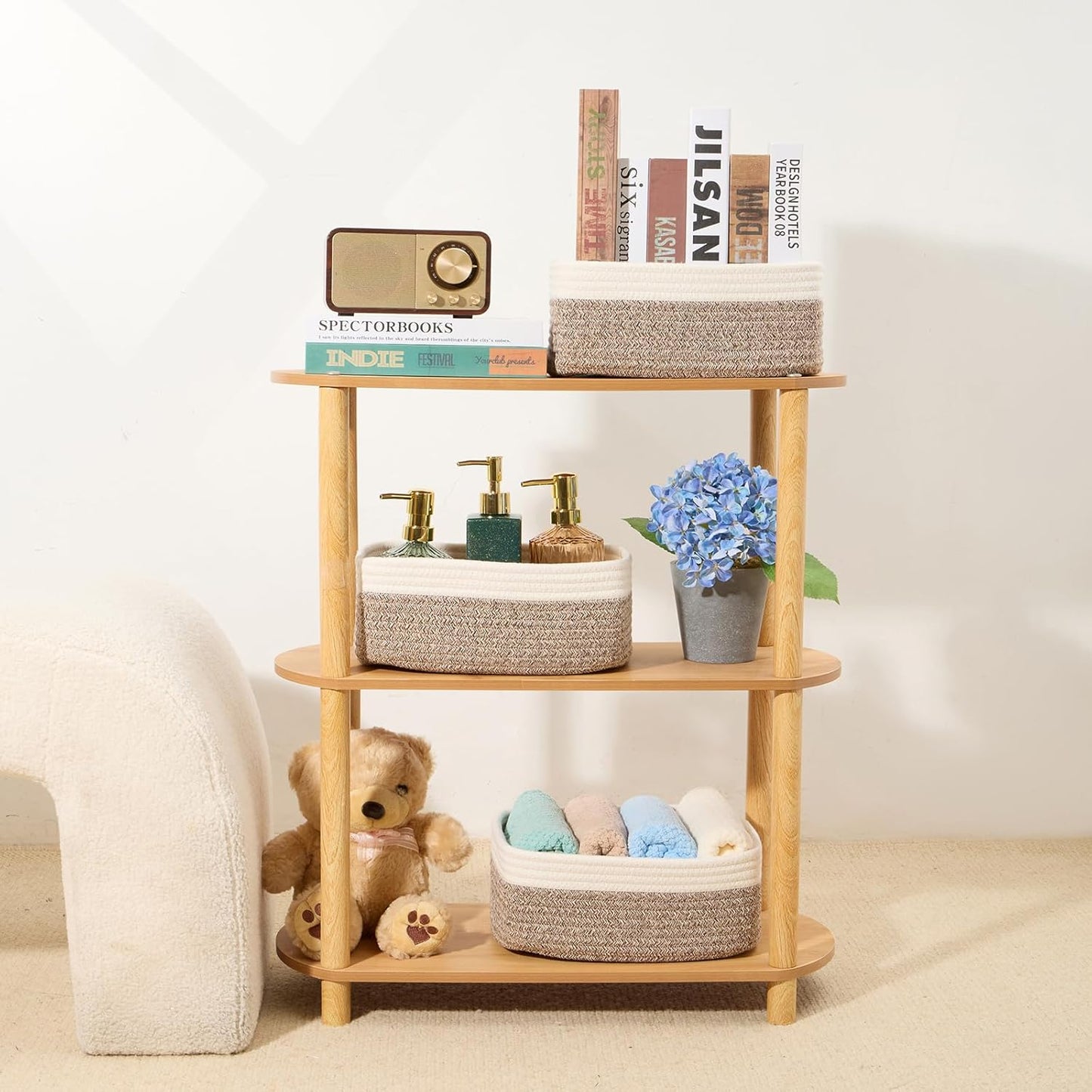 Small Storage Baskets for Organizing | Closet Organizer Bins | Shelf Toy Basket | Woven Rope Baskets | Cube Decorative Box | Shallow Basket | 11.5x7.5x4.7โ | 3 Packs White Brown