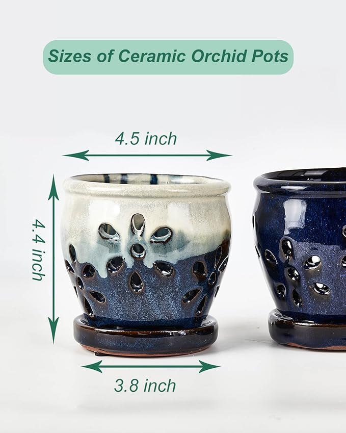 vensovo 4 Inch Ceramic Orchid Pots with Holes and Saucers - 2 Pcs Small Succulent Pot for Repotting, Garden Flowerpots for Plants Indoor and Outdoor Promotes Air Circulation (Blue, Blue Mixed)