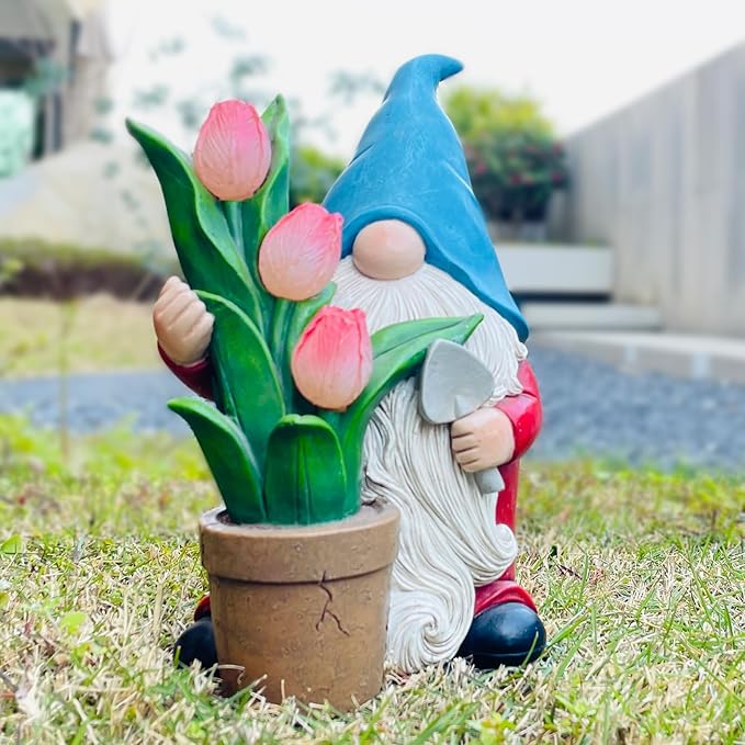Garden Gnome Statue, Sculpture of a Dwarf Holding a Shovel and a Flower Pot, Solar Gnome Statues Outdoor Decor, Outside Lawn Patio Yard Ornament Gifts