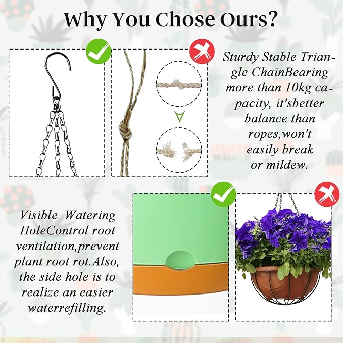 Bevgems 3 Pack 8.26 Inch Hanging Planters, Plastic Self-Watering Hanging Flower Plant Pot, Decorative Flower Pot Holder with Drainage Holes & Removable Tray for Indoor Outdoor Plants,Flowers, Herbs