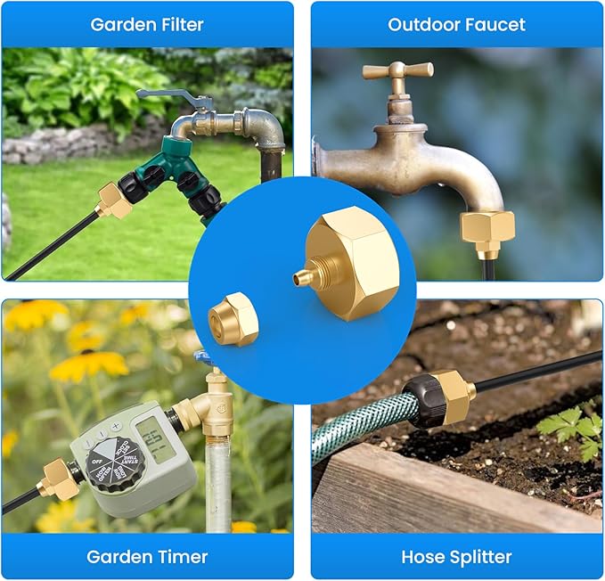 SDTC Tech 2 Pack Garden Hose Adapter, Solid Brass Drip irrigation hose connector, Standard 3/4" GHT Female Thread to 1/4" Tube Adapter for Water Hose, Convert 3/4" Garden Hose to 1/4" Tube