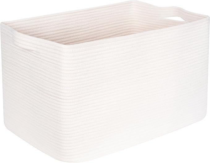 MINTWOOD Design 22in Extra Large Blanket Basket Holder Living Room, Rectangle Rope Woven Storage Basket with Handles for Laundry, Pool Towels, and Shoes, Dog Toy Organizer Bin Box, Creamy White