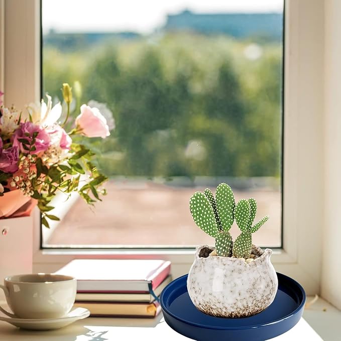 Plant Saucer Pot Tray Planter Saucers 4 Pack 4 5 6 7 8 9 10 11 12 13 15 Inch for Indoors Outdoor, Durable Sturdy Ceramic Flower Drainage drip Water Tray for Glazed Pots Base (4.7 Inch-Blue)