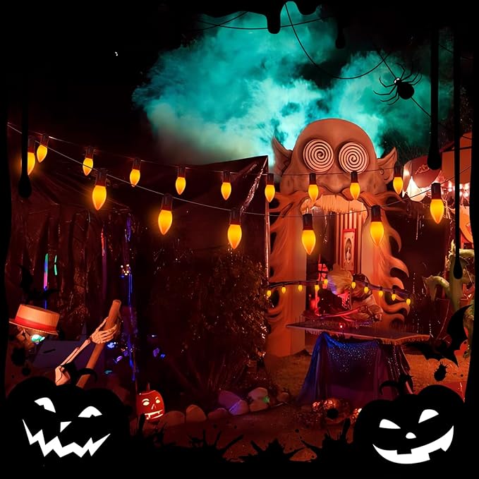 25FT LED Halloween Outdoor String Lights with 26 C9 Candle Shape Shatterproof Plastic Bulbs,2700K Waterproof Connectable Orange LED String Lights for Home Garden Halloween Christmas Fall Decor