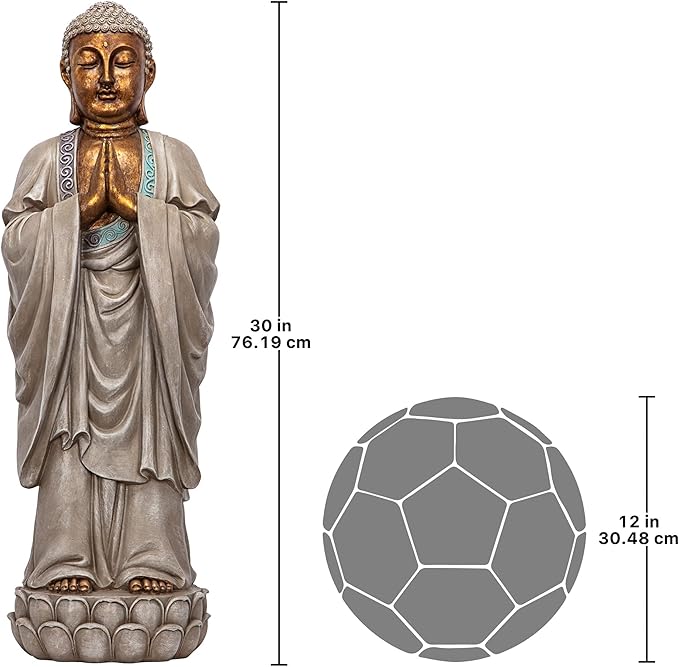 Design Toscano Bodh Gaya Asian Garden Statue, 9 inches wide, 30 inches tall, Cast Stone Resin, Faux Stone & Metallic Finish