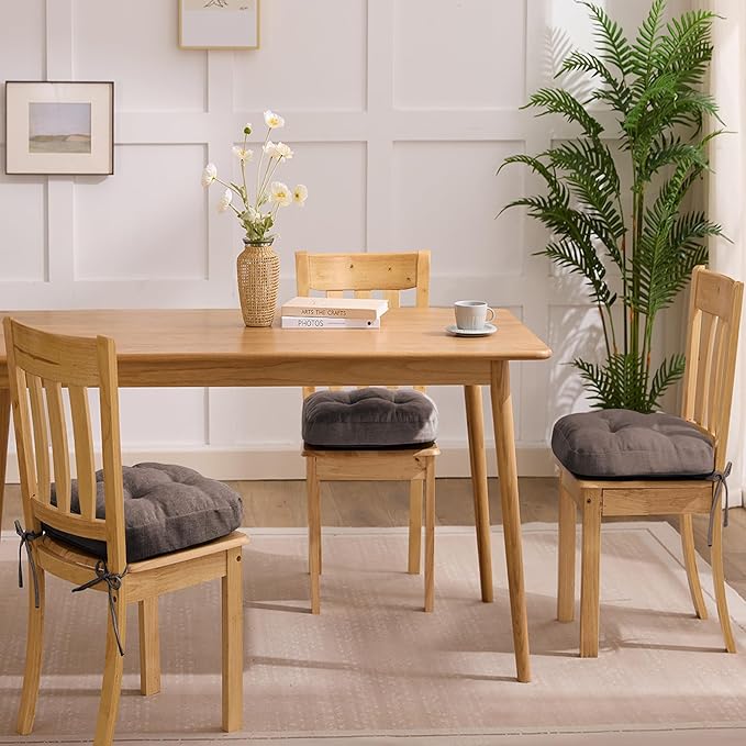 Chair Cushions for Dining Chairs, Dining Chair Cushions, Tufted Indoor Chair Pads with Ties & Non Slip Backing, Seat Cushions for Kitchen Chairs 16.5” x 16.5” x 3.5”, Set of 4, Light Brown