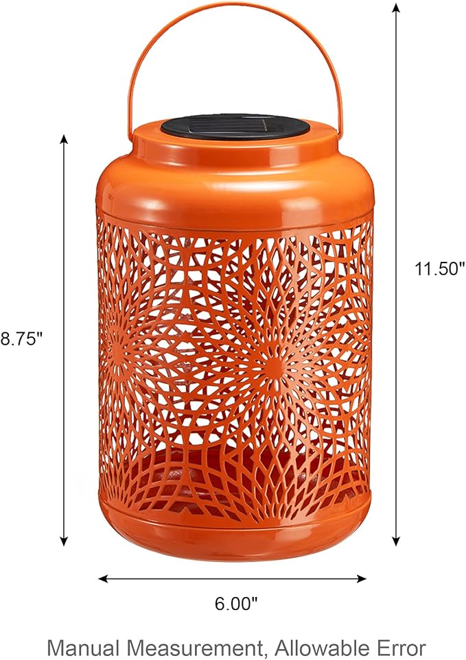 Glitzhome Solar Lantern Orange Metal Cutout Scrollwork Outdoor Hanging Solar Light with Handle for Garden Patio Yard Outdoor Decor
