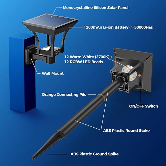 CINOTON RGBW Solar Landscape Pathway Outdoor Lights with 3 Lighting Modes, IP65 Waterproof LED Solar Powered Wall Lights for Garden Yard Lawn Path Driveway Pool Backyard Warm White & Multicolor 4 Pack