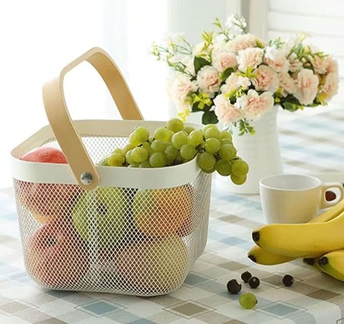 Metal Mesh Steel Basket, Storage Organizer Basket Multi-functional Hanging Kitchen Baskets Fruit Basket Bin with Bamboo Handle for Kitchen Bathroom Picnic Shopping Decor Cabinet Home, Beige