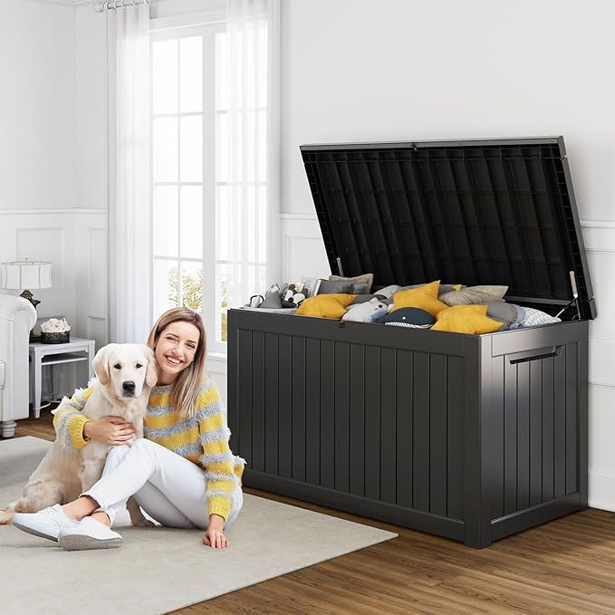 XXL 230 Gallon Large Resin Deck Box, Outdoor Lockable Storage Box for Patio Cushions Storage Furniture, Pool Supplies, Garden Tools, Weatherproof and UV Resistant- Black (230 Gallon)
