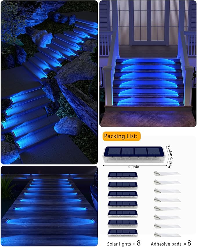 Blue Solar Lights for Outside,8 Pack Solar Deck Lights Outdoor Waterproof LED,Blue Step Light for Outside,Dock Light Solar Powered Waterproof for Deck,Steps,Dock,Driveway,Stair,Path
