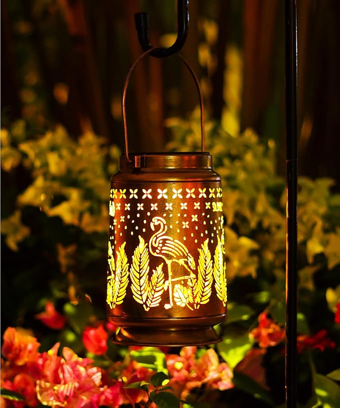 Nacome Flamingo Solar Lantern for Garden Decor: Waterproof Hanging Metal Decoration with LED Lights for Yard Lawn Porch Patio Landscape Pathway – Birthday Gifts for Mom Grandma Women