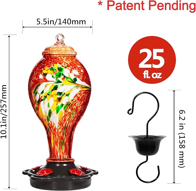 LUJII Hummingbird Feeder for Outdoors, Hand Blown Glass Humming Bird Feeder, Anti Fade Leakproof with 25 Ounces Nectar Capacity, Easy to Install Clean Refill, Include Hook & Ant Moat (Red)
