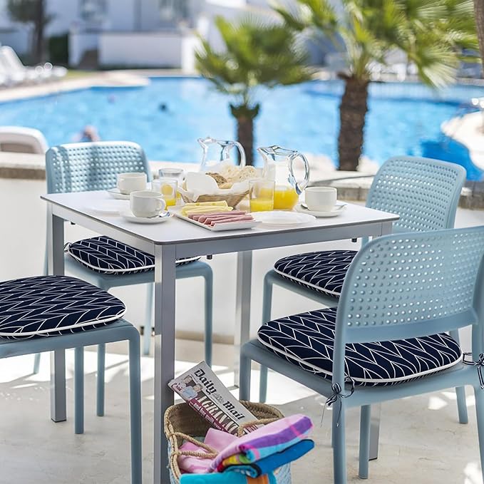 Indoor/Outdoor Chair Cushions 16x17 Inch, Patio Chair Cushions with Ties, All Weather Seat Cushions for Patio Furniture Home Garden Chair Use, Set of 4, Herringbone Navy