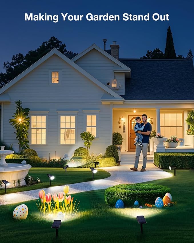 Solar Power Spotlight Outdoor Waterproof Landscape LED Accent Lighting for Yard, Tree, Plants, Walls, Path, Garden, Statues, Adjustable Brightness,Dusk to Dawn Long Lasting 4 Pack Cool White