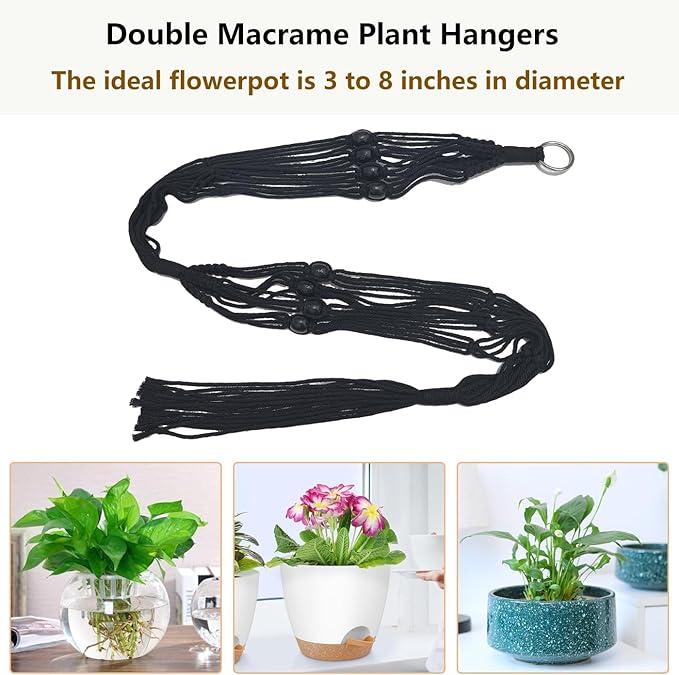 Belit 2 Pack Double Macrame Plant Hangers 2 Tier Hanging Planter Basket Decorative Flower Pot Holder Rope for Indoor Outdoor Home Decor 51 Inch, Black