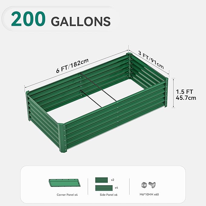 YITAHOME 6x3x1.5 2pcs Large Raised Garden Bed Kit, Galvanized Metal Planter Box with Gloves, Ground Nails, Support Rod, Outdoor Above Ground Planters for Plants Vegetables Flowers, Green