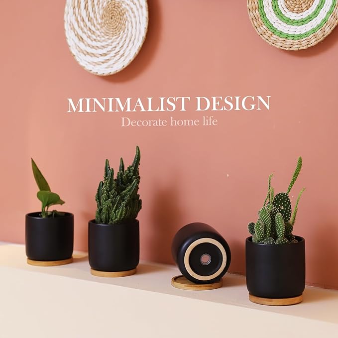 OMAYKEY 4 Inch Ceramic Plant Pot with Saucer, Black Planters Pots with Drainage Hole and Mesh Pads for Succulent, Snake, Cactus, Herbs - 4 Packs(Plant Not Included)