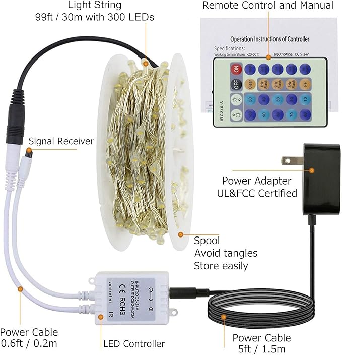 RUICHEN Cool White Dimmable Fairy Lights Plug in, 99 Ft 300 LED Twinkle String Lights with Remote, Waterproof Silver Wire Firefly Lights for Bedroom, Patio, Yard, Christmas, Wedding, Party