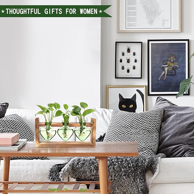 Plant Terrarium Propagation Stations Faith Hope Love Hydroponics Home Garden Decoration Gift for Women with Wooden Stand Heart Shaped Colored Glass Vase