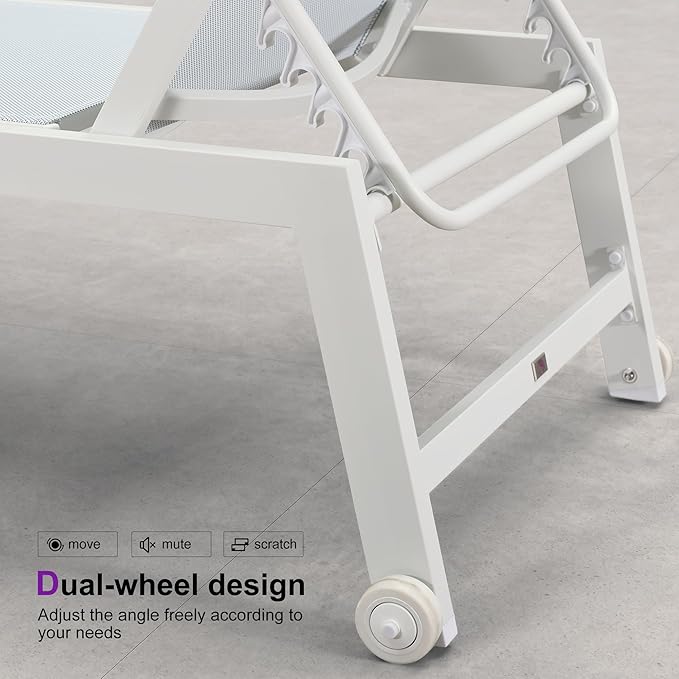 PURPLE LEAF Lounge Chair Outdoor Set of 4 White Aluminum Lounge Chairs with Wheels and Table Outdoor Chaise Lounge for Patio Pool Yard, Bluish-Gray