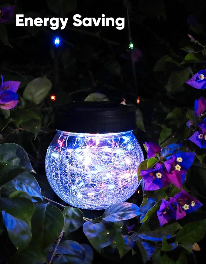 PARTPHONER Solar Lantern Solar Lights Outdoor Waterproof 2-Pack, Solar Powered Hanging Lights Cracked Glass Hanging Globes for Christmas Decoration, Shepherd Hook, Garden Tree Ornaments,Muiti-Color