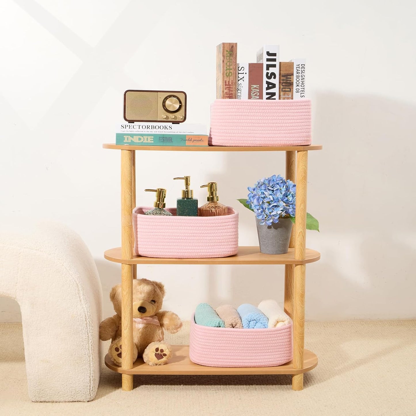 Small Storage Baskets for Organizing | Closet Organizer Bins | Shelf Toy Basket | Woven Rope Baskets | Cube Decorative Box | Shallow Basket | 11.5x7.5x4.7โ | 3 Packs Light Pink