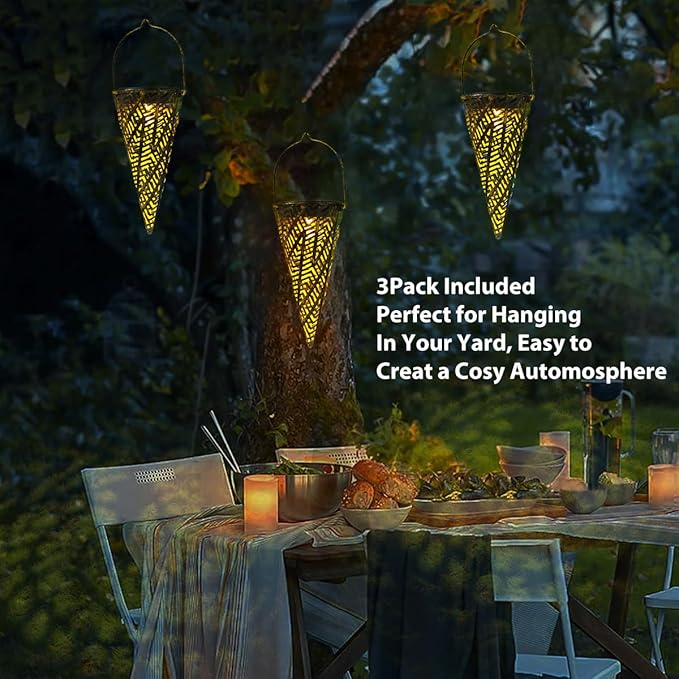 Outdoor Decorative Solar Hanging Lights with Delicate Hollow Conical Lantern Design - Set of 3 Chandelier for Patio, Tree, Garden, Yard, Porch, Backyard Pathway and Christmas Decoration.