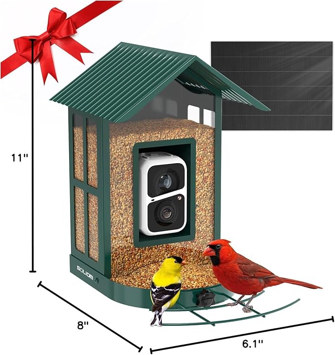 SOLIOM Solar Bird Feeder with Camera for Outdoors - AI Smart Birdhouse, 2K Live View & Instant Alerts, Squirrel Proof - Perfect Bird Watching Gift (Red)